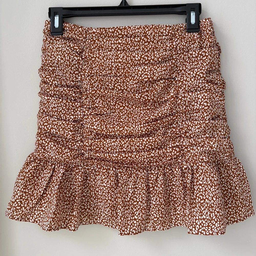 Mable Sz S Ruched Ruffled Bronze Mini Skirt Lined Side Zipper Casual College